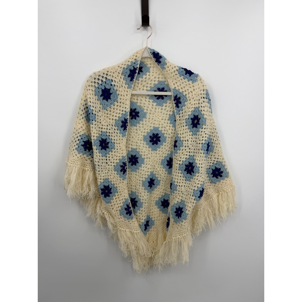 Unbranded Granny Square Crochet Shawl Womens OS Blue Cream‎ Floral Fringe Boho